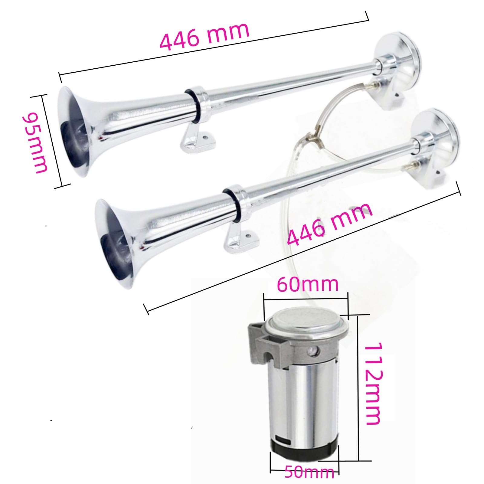 Bocina de aire Bocina de camión Altavoz de cromo y zinc Bocina de automóvil plateada Car horn 12v Air Horn Soprano y bajo Bocina de camión de doble tubo Auto Horn para 12V coches camiones etc