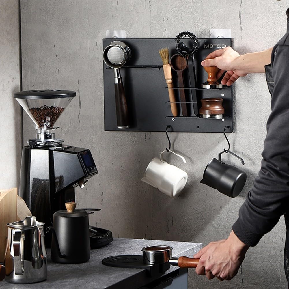 Stabiler Espresso-Siebträger aus Metall, Wandhalterung, Kaffee-Griff, Aufbewahrungsregal, multifunktionales Kaffee-Utensilien-Aufbewahrungsregal (schwarz)