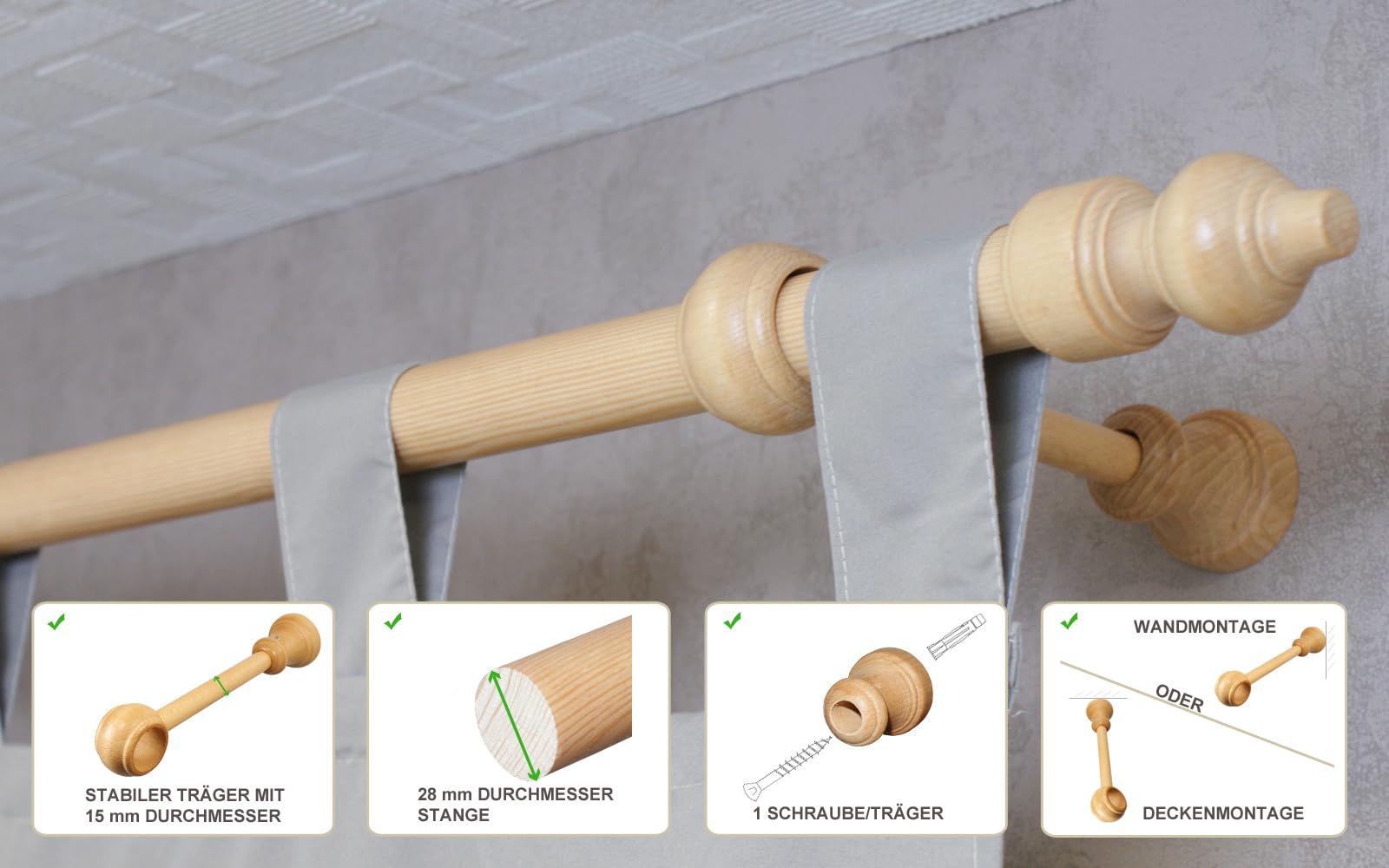 iso-design Holz Vorhangstange Filigrano mit 28 mm Durchmesser in Eiche hell, viele Größen, Gardinenstange inklusive Gardinenringe 280 cm (mittig geteilt)