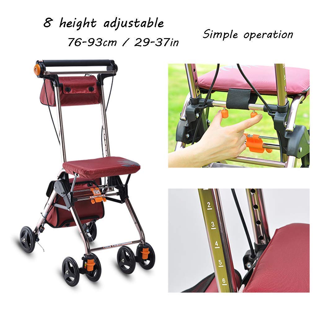 Rollator Walker z siedziskiem, pomoce do chodzenia, 4 kółka, przenośny, składany, wspomagający poruszanie się, podwójny system hamulcowy, czerwony