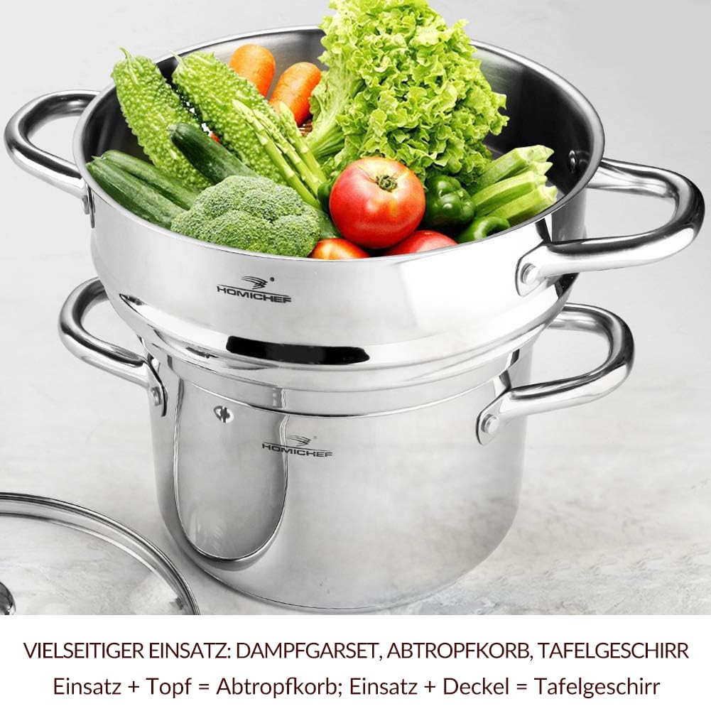 HOMICHEF 3-teiliges Dampfgarer-Set aus nickelfreiem Edelstahl, Dampftopf mit Dampfgitter & Deckel, passend für Töpfe Ø20 cm, Ø23 cm, Ø24 cm, schonendes Garen von Gemüse & Vollwertkost