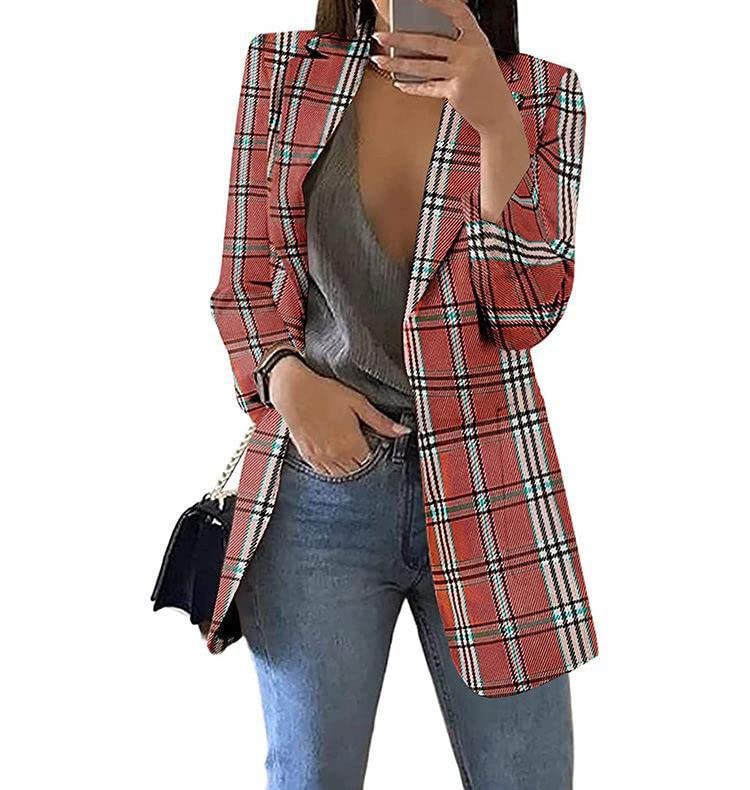 Women Vintage Long Sleeve Plaid Blazer Jacket Open Front Cardigan Lapel Button Boyfriend Suit Coat Shacket Jacket2
