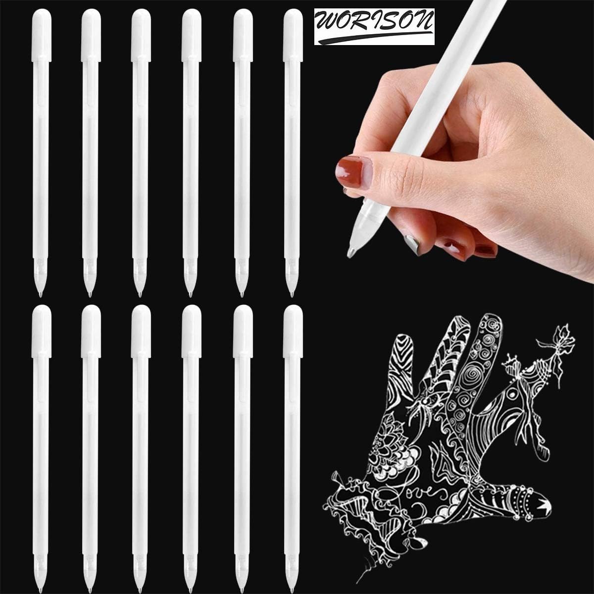 worison 12 -Piece White Gel Pen Set, 0.6mm Line Drawing Pen, Archival Ink Fine Point Tip Sketching Gel Pens