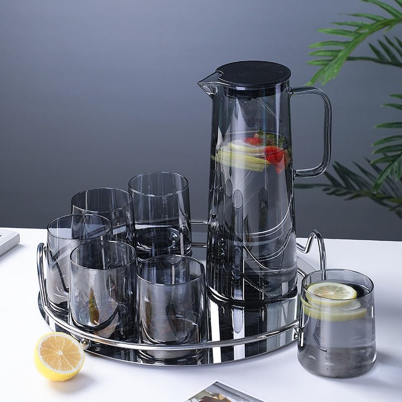 Image of Wringo Premium 7pc Crystal Water Jug with Glass Set and Jug Set Combo,Freezer Safe and Dishwasher Safe (6 Pieces Glasses 200ML and 1 Water Juice Jug 1 Liter), Transparent, Glass and Jug Set (WS-15)
