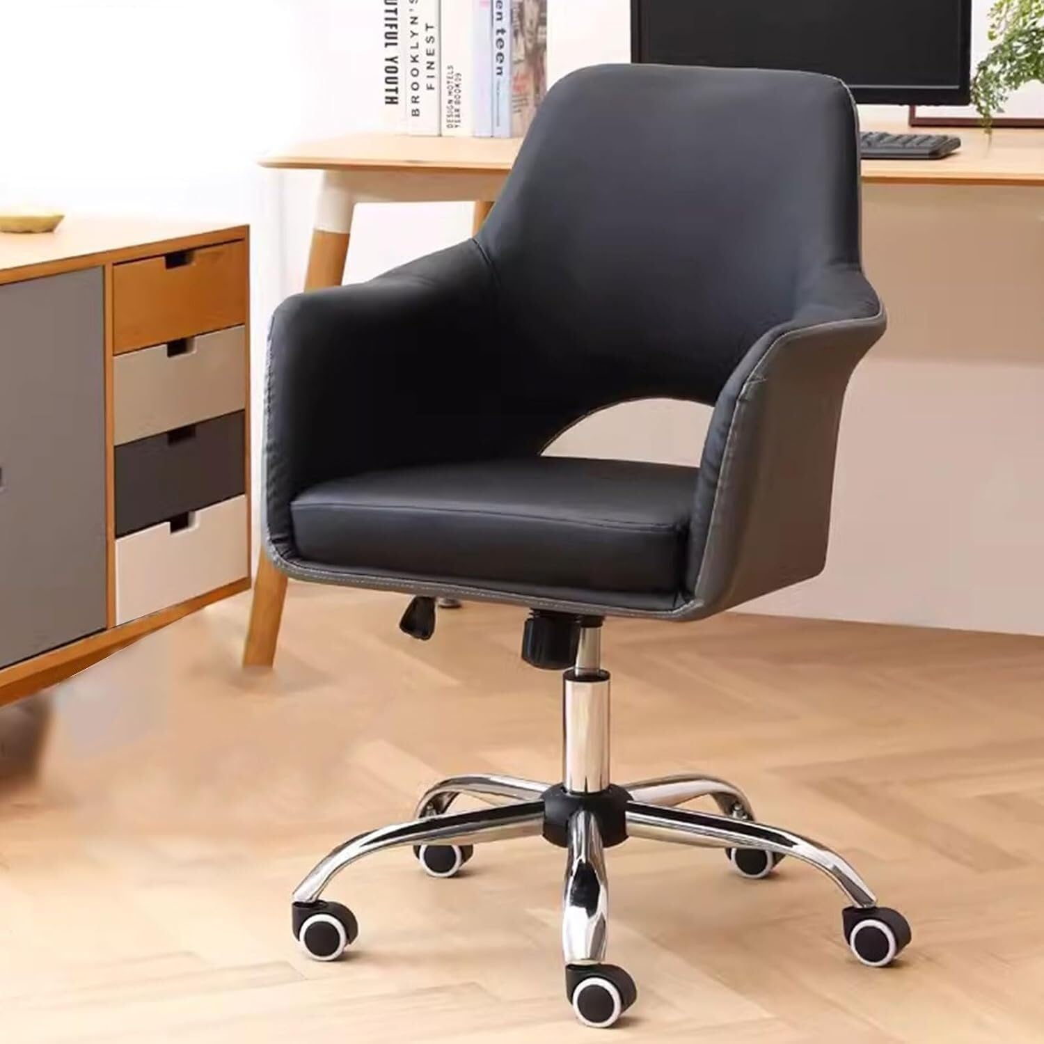 METTEOR Office Chair for Home & Study PU Leather Swivel Task Chair with Armrests Adjustable Cuter Chair for t & Support (Black/a Size)