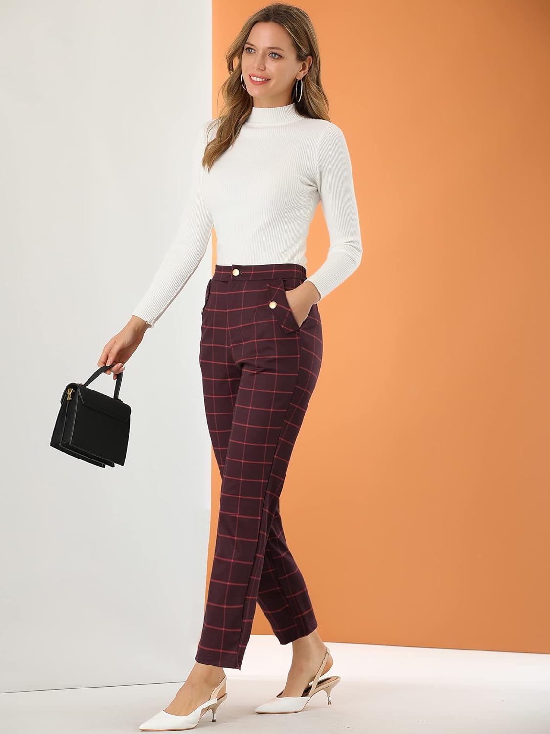 Allegra K Women's Vintage Tartan Plaid Pants Elastic Waist Straight Long Trousers - Image 3