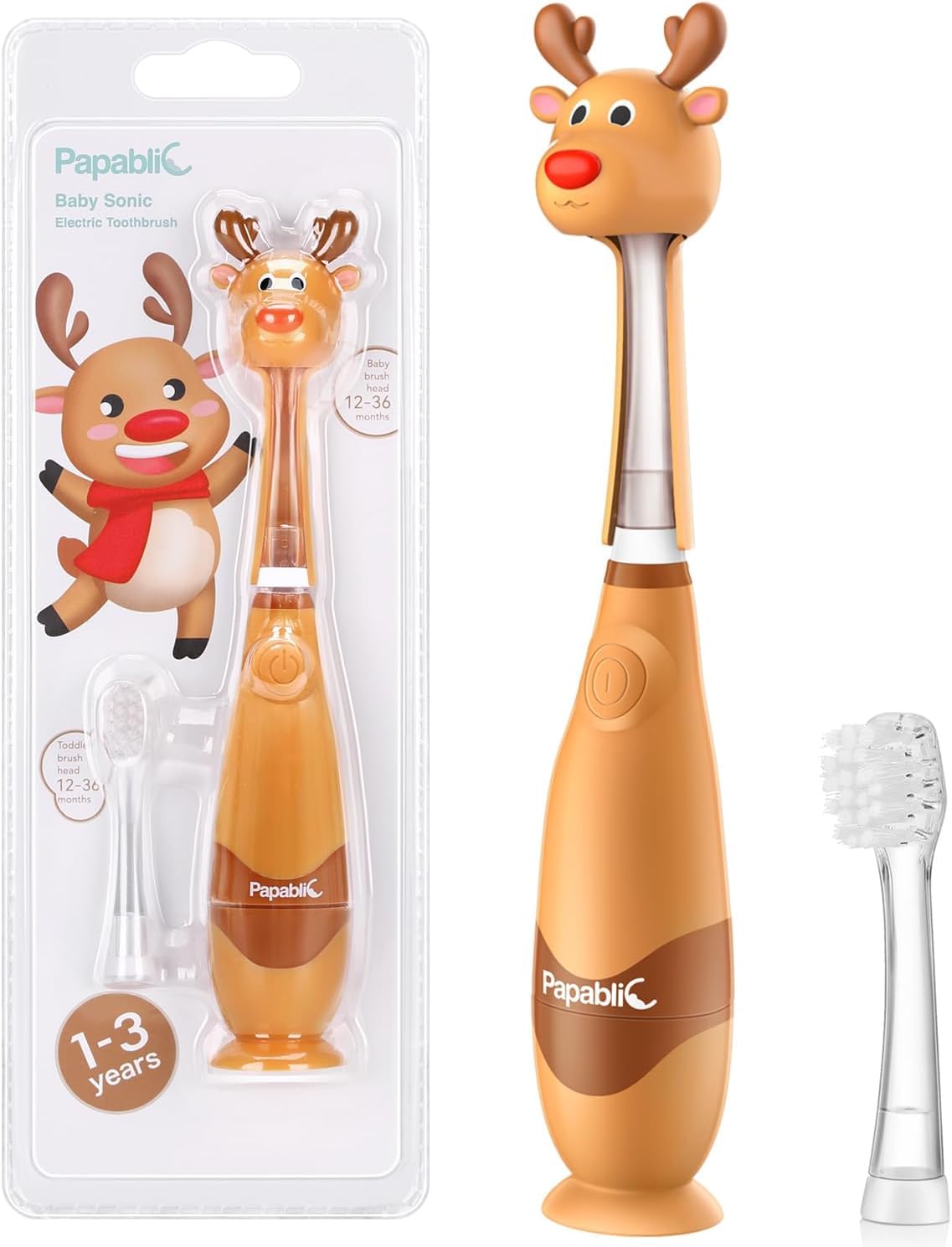 Papablic Toddler Sonic Electric Toothbrush for Ages 1-3 Years, Baby Electric Toothbrush with Cute Reindeer Cover and Smart LED Timer, 2 Brush Heads (Ruby)-image-16