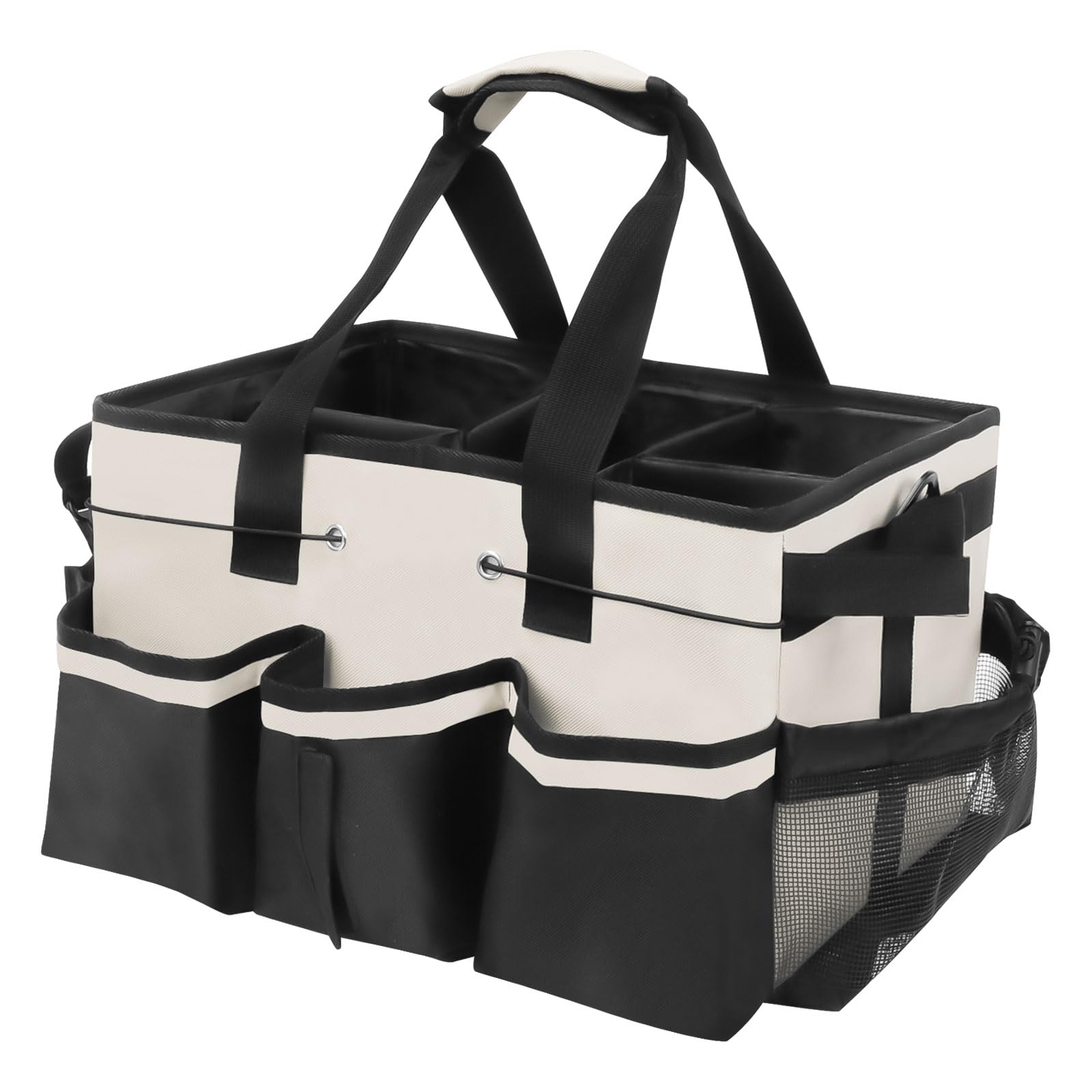 Cesto Per La Conservazione Dei Prodotti Per La Pulizia,Cestino Porta Attrezzi con 5 Tasche Esterne, Organizer Per Pulizie in Tessuto Oxford, Impermeabile, con Spallacci Regolabili (Bianco)