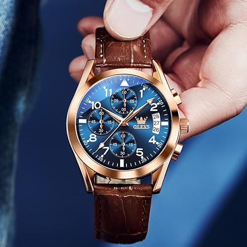 Miniatura 6 de OLEVS Relojes de hombre de cuero marrón con fecha, relojes casuales para hombre, relojes de cara grande para hombre, cronógrafo para hombre, reloj
