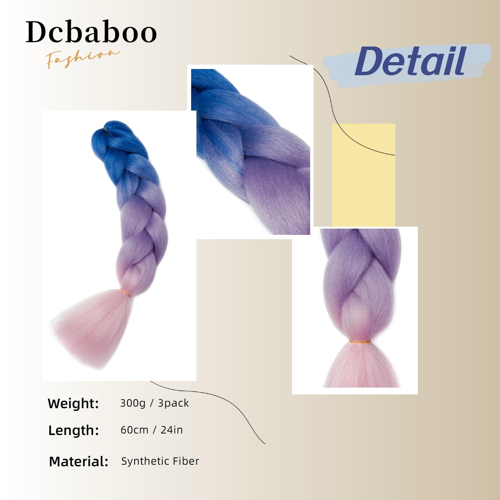 Dcbaboo Jumbo Braiding Hair Extensions 3packs 24inches, Blue-Purple-Pink, 24 inch 300g - Image 2