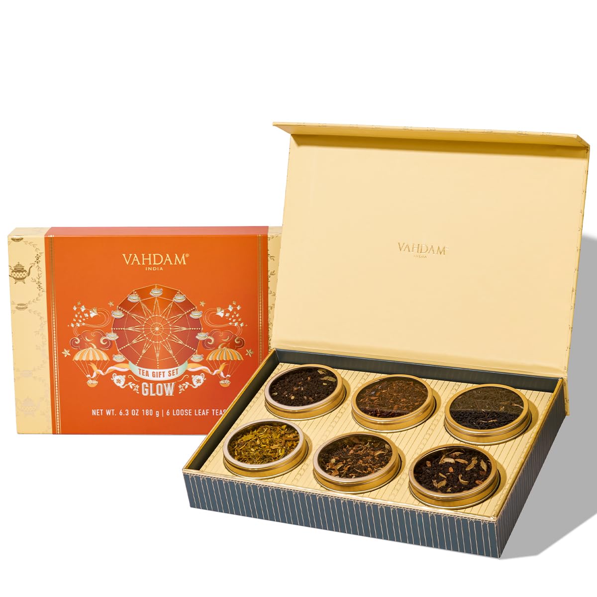 VAHDAM GLOW – Assorted New Year Tea Gift Set for Women (6 Loose Leaf Teas) | Premium Tin Caddy Presentation Box | Gluten-Free, Non-GMO | Tea Gifts for her