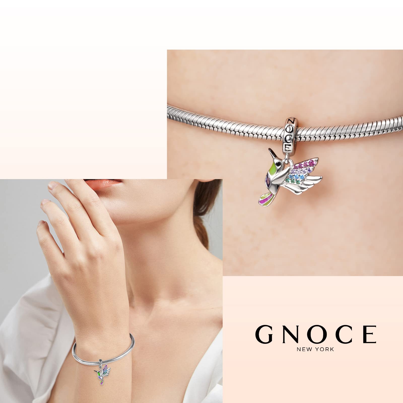 GNOCE Ciondolo Fiore/Pianta Charms Argento Sterling 925 Ciondola Colibrì Charm Bead Fit Bracciale/Collana per Donne Ragazze Figlia