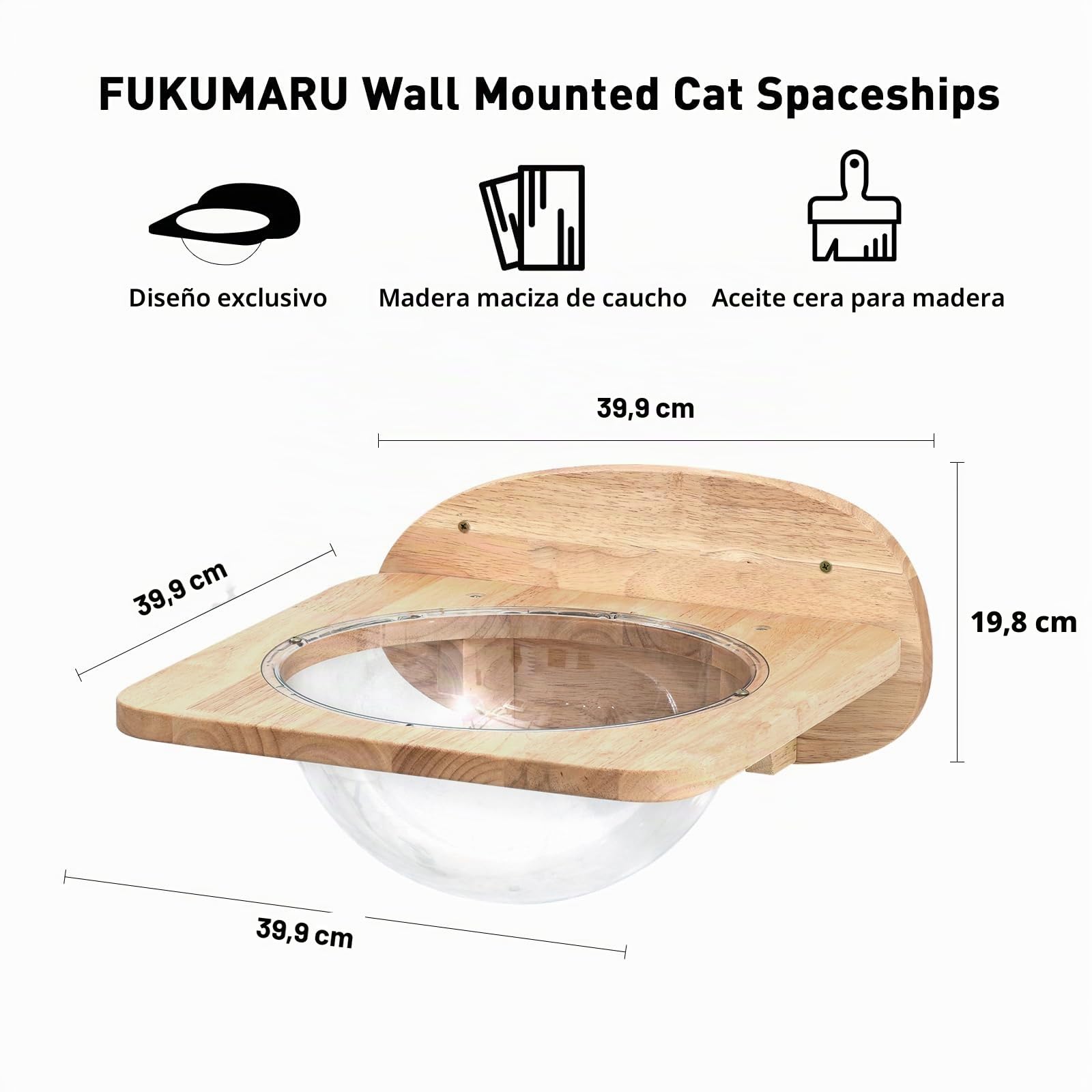 FUKUMARU Pared de Escalada para Gatos con Cápsula Espacial Transparente, Incluye 2 Pedales, Set de Muebles de Pared en Madera de Goma Maciza, Adecuado para Dormir y Escalar,Soporta hasta 16KG