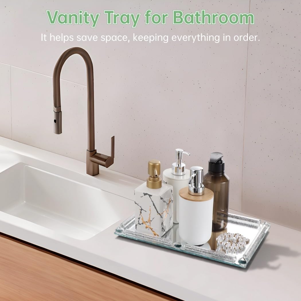 Bandeja de tocador para baño, bandeja de cristal, bandeja de cristal de espejo, bandeja de perfume para tocador, duradera para su uso, diseño antideslizante, decoración del hogar, oficina,