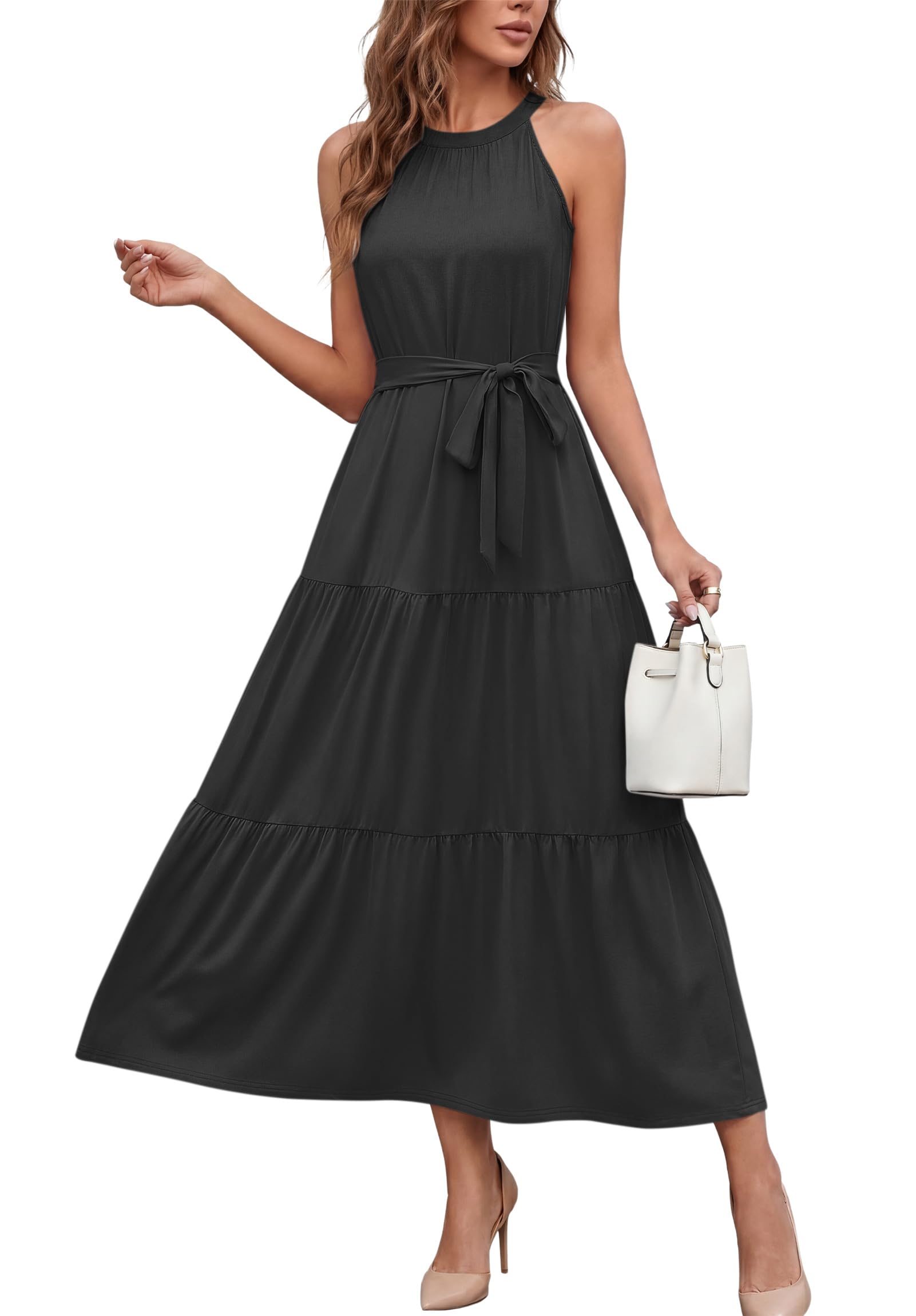 AUSELILY Damen Sommerkleid Lang Neckholder Maxikleid Mit Taschen und Gürtel | Strandkleid Ärmellos Elegant Kleid Damen Sommer Rüschen Freizeit Leicht luftig Figurbetont Kombinierbar Abendkleid