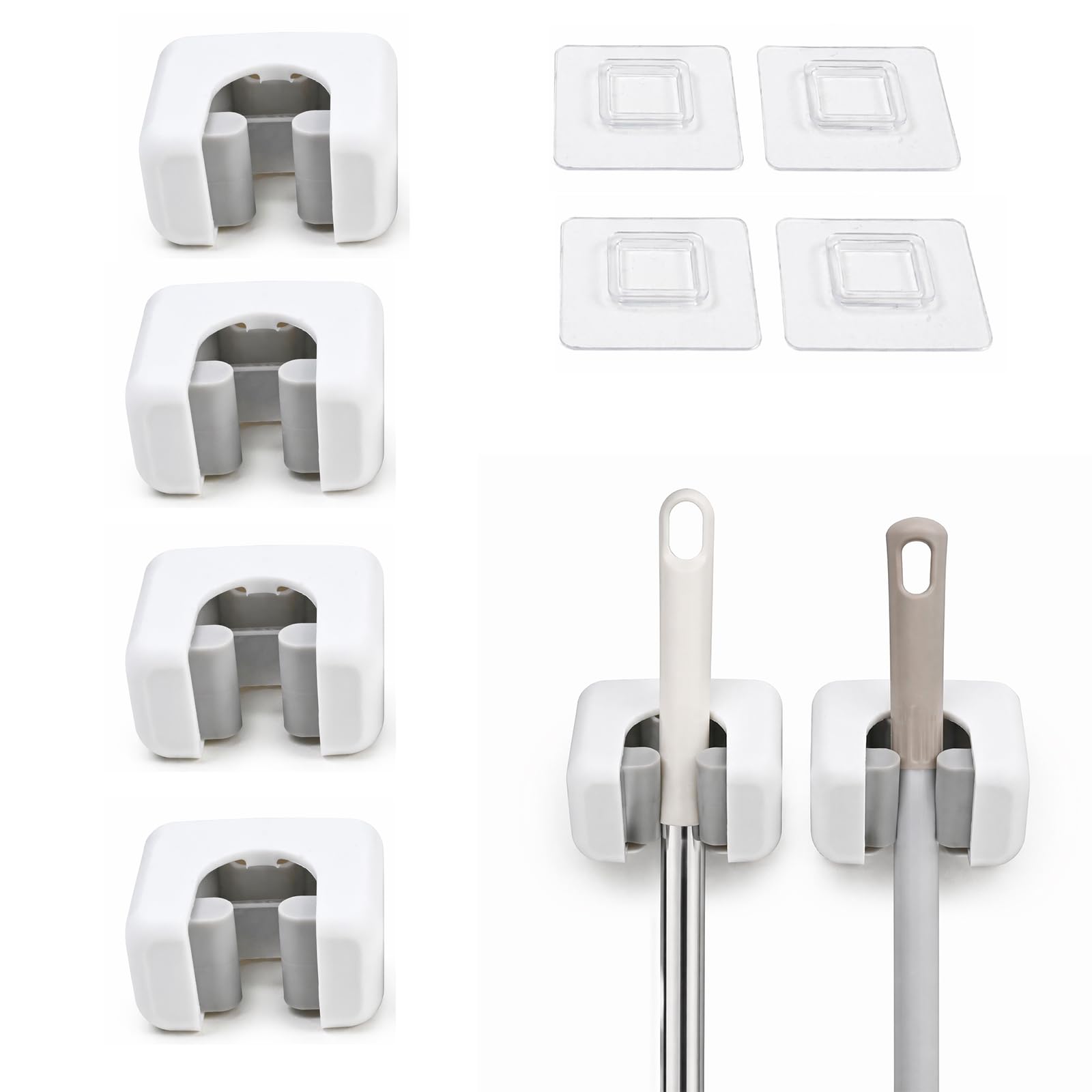 Zirax 4 Pack White Mop and Broom Holder Wall Mounted, Self Adhesive Broom Gripper with Hooks, No Drilling Heavy Duty Mop Hanger Organizer for Bathroom, Kitchen, Garage, Utility Room Storage Solutions