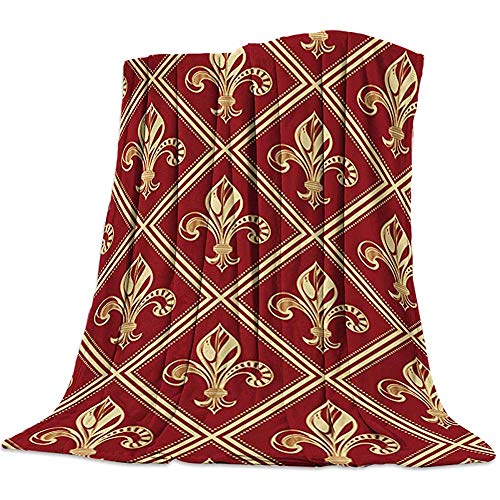 Moily Fayshow Throw Blanket Fleur De lis Decor Lujosa fama Obra simbólica Diseño de celosía Cama de Franela roja Retro Sofá Cama, 102 X 127 cm