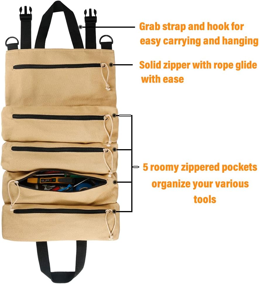 HRX Package Large Canvas Roll up Tool Bag, Water Resistant Tool Roll Organizer Pouch with 5 Zipper Pockets Tools Carrier for Car Motorcycle