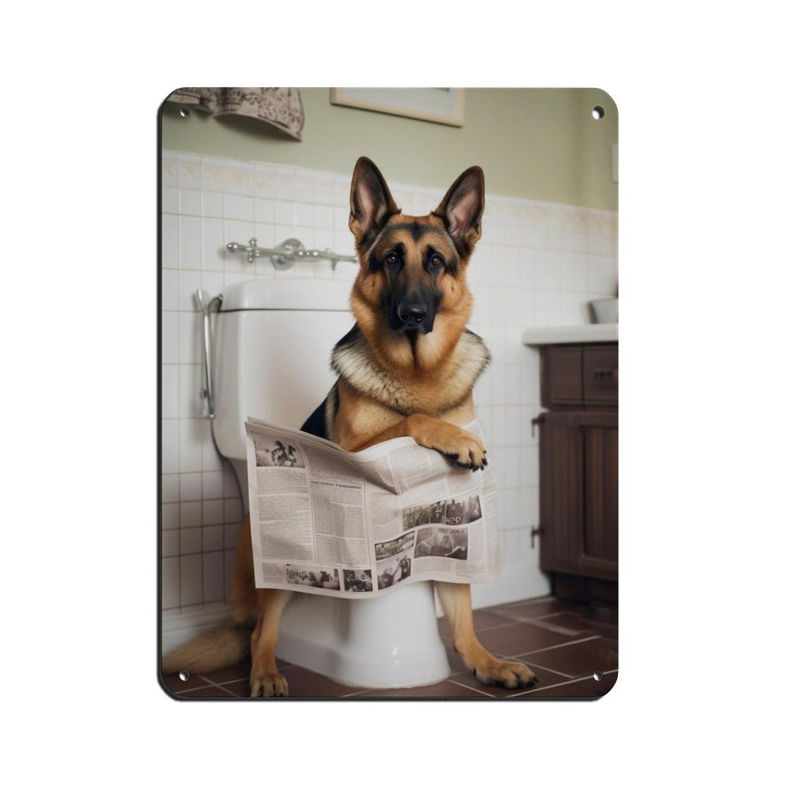 German Shepherd on Toilet Reading The Tin Sign Vintage Metal Pub Club Cafe Bar Home Wall Art Decoration Poster Retro 12x16inch(30x40cm)