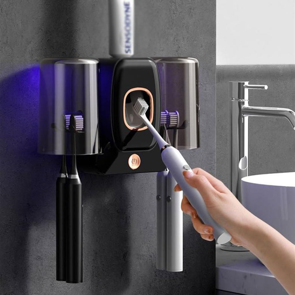 Estante para Cepillos de Dientes Doppelter Wand-Zahnbürstenhalter, hellgrau, schwarz, Badezimmer-Zahnpasta-Halter, Zahnpasta-Spender UntErstützen Sie die Toilettenspülung(B)