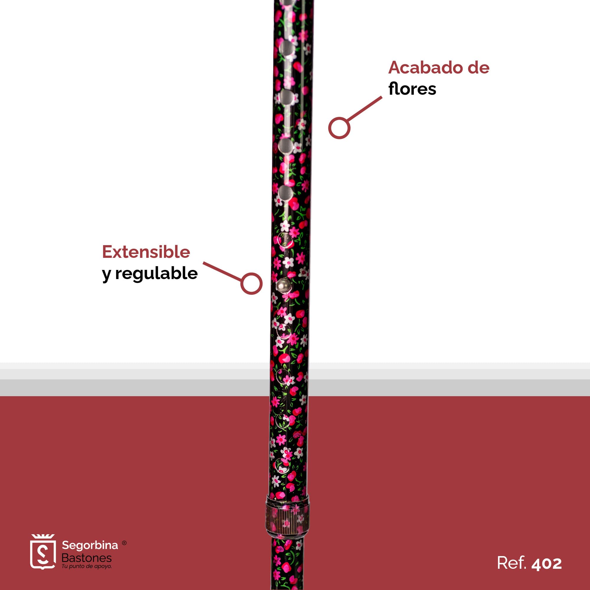 Muletilla Aluminio Extensible, Acabado Flores y puño Madera, Regulable 74-95cm (402F)