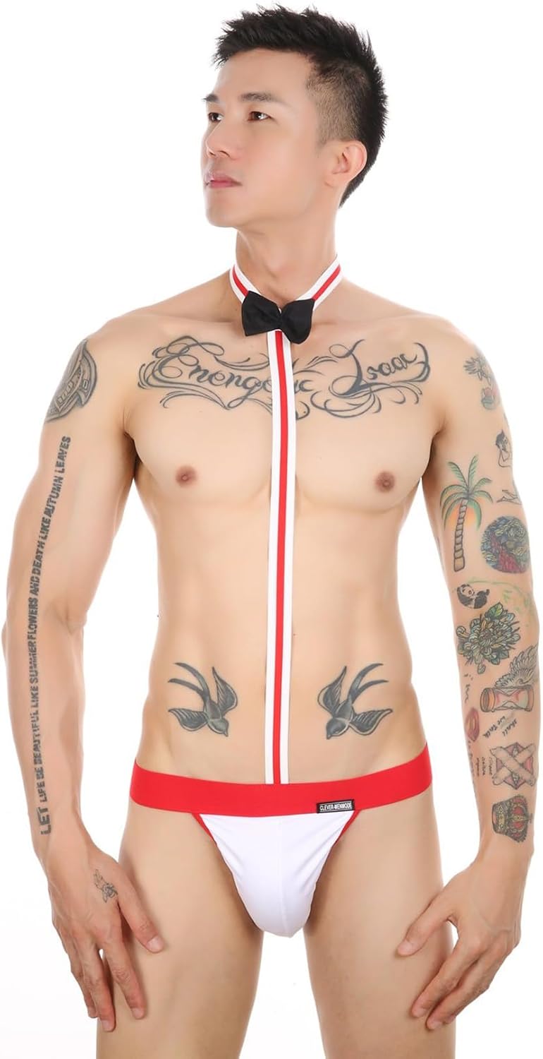 2Pcs Men's Sexy Mankini Lingerie Costume G-String Thong Underwear Suspender Swimsuit Swimwear Thong with Bow Tie Black, Red