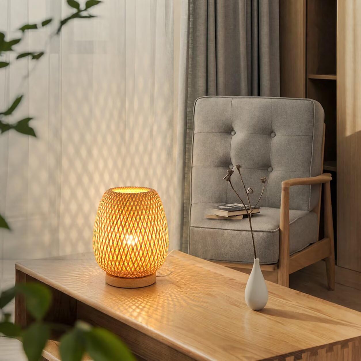Handgewebte Bambus-Tischlampe, kreativer ländlicher Stil, doppellagiger Bambus-Lampenschirm, Nachtlicht, Tischleuchte, dekorative Tischbeleuchtung für Schlafzimmer, Wohnzimmer