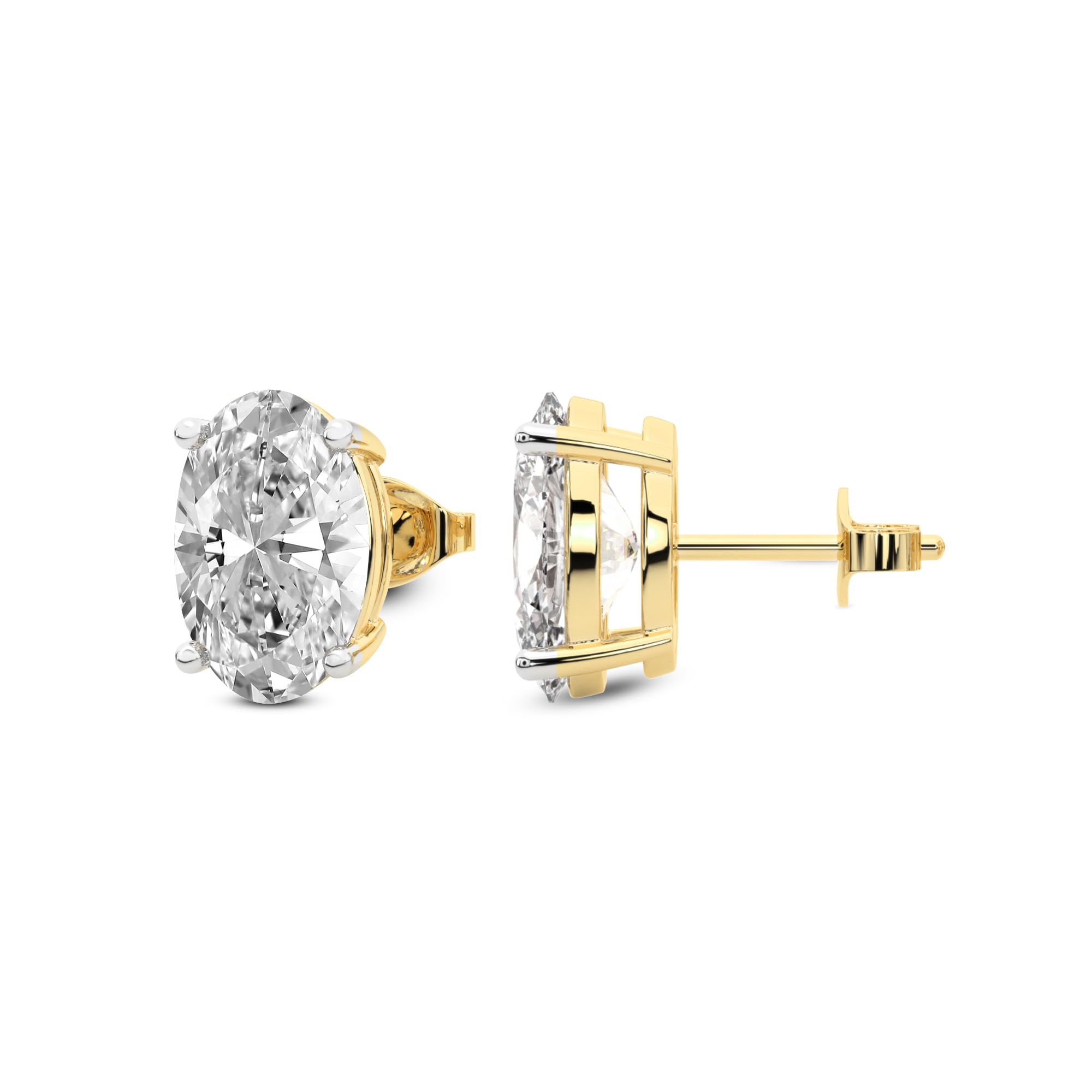 Solitaire Lab Grown Diamond Oval Earrings | 2 Carat F-G VS 14K Yellow Gold | Push Back Four Prong Setting | Stud Earrings Friendly Diamonds