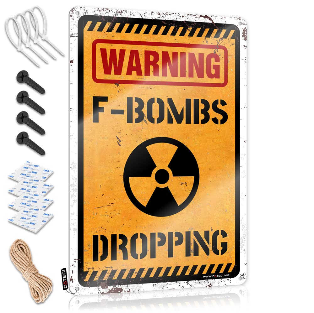 HELIOFORGE Metal Vintage Signs Warning F-Bombs Dropping Sign Beer Signs For Bar Outdoor Bar Signs(30X40CM)