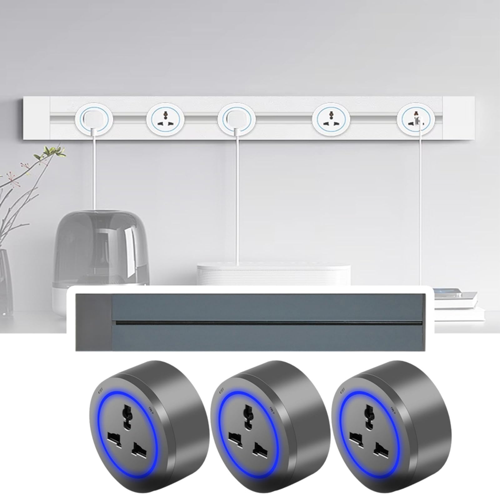 Presa Elettrica da Binario - Adattatore Internazionale Rotondo, 8000 W, Adattatore con Luce Blu, Robusto, Staccabile, Facile da Collegare All'Alimentazione Grey-75cm