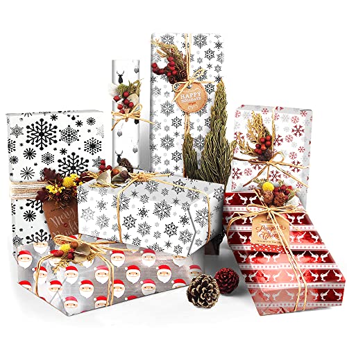 Papier Cadeau Noel, 6 Feuilles Noël Cadeau Papier d'emballage, Emballage Cadeau Noël, Cadeau D'emballage, Papier Cadeau pour Flocon de neige, Elk, Père Noël