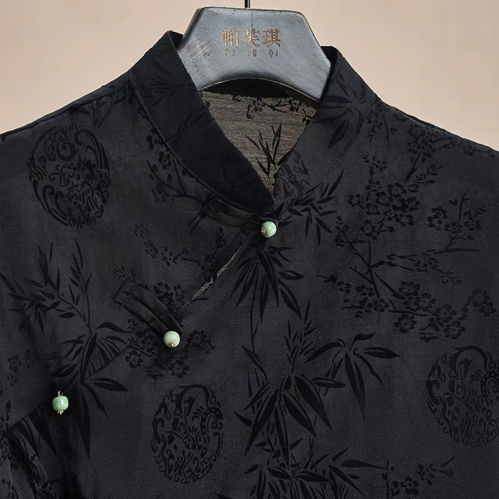 Women's Retro Chinese Style Cheongsam Top Summer Black Jacquard Short Sleeve Button Blouse T-Shirt - Image 5