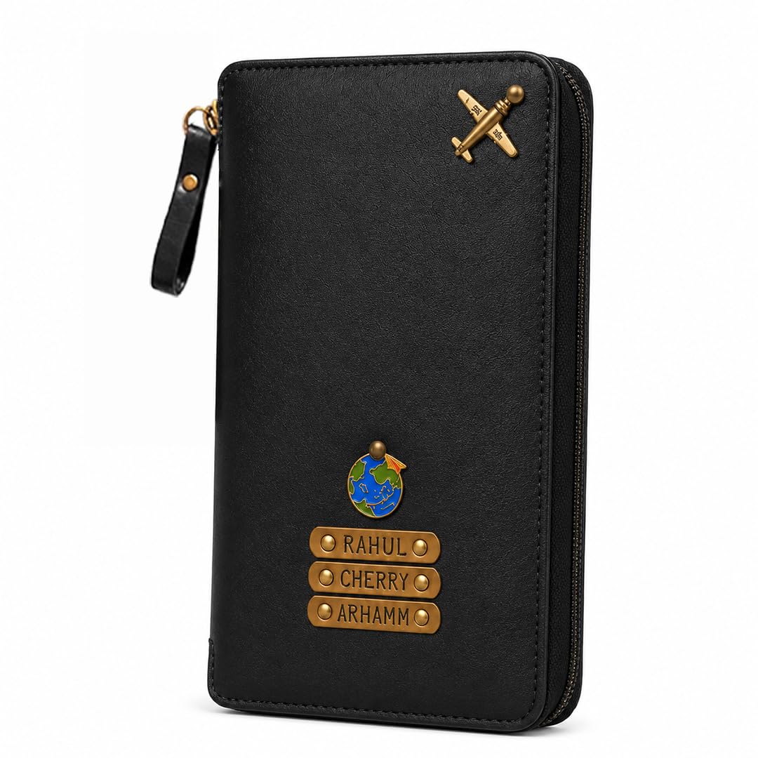 Personalised Zipper Family Travel Passport Holder Organizer | Holds Up to 3 Passports | Water-Resistant Faux Leather Document Organizer Wallet with Card & SIM Slots, Coin Pocket (Black)-image-37