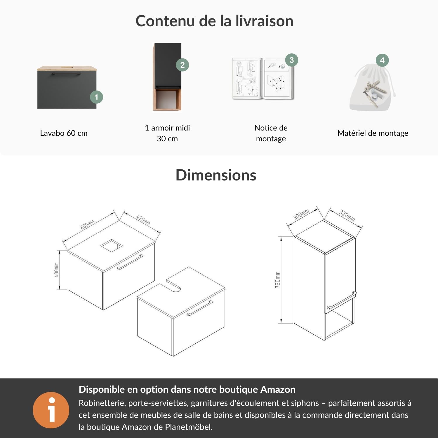 Planetmöbel Astra Ensemble Meuble Salle de Bain avec Meuble sous lavabo 60 cm, 1 Armoire Moyenne chêne doré Anthracite, sans Vasque à Poser