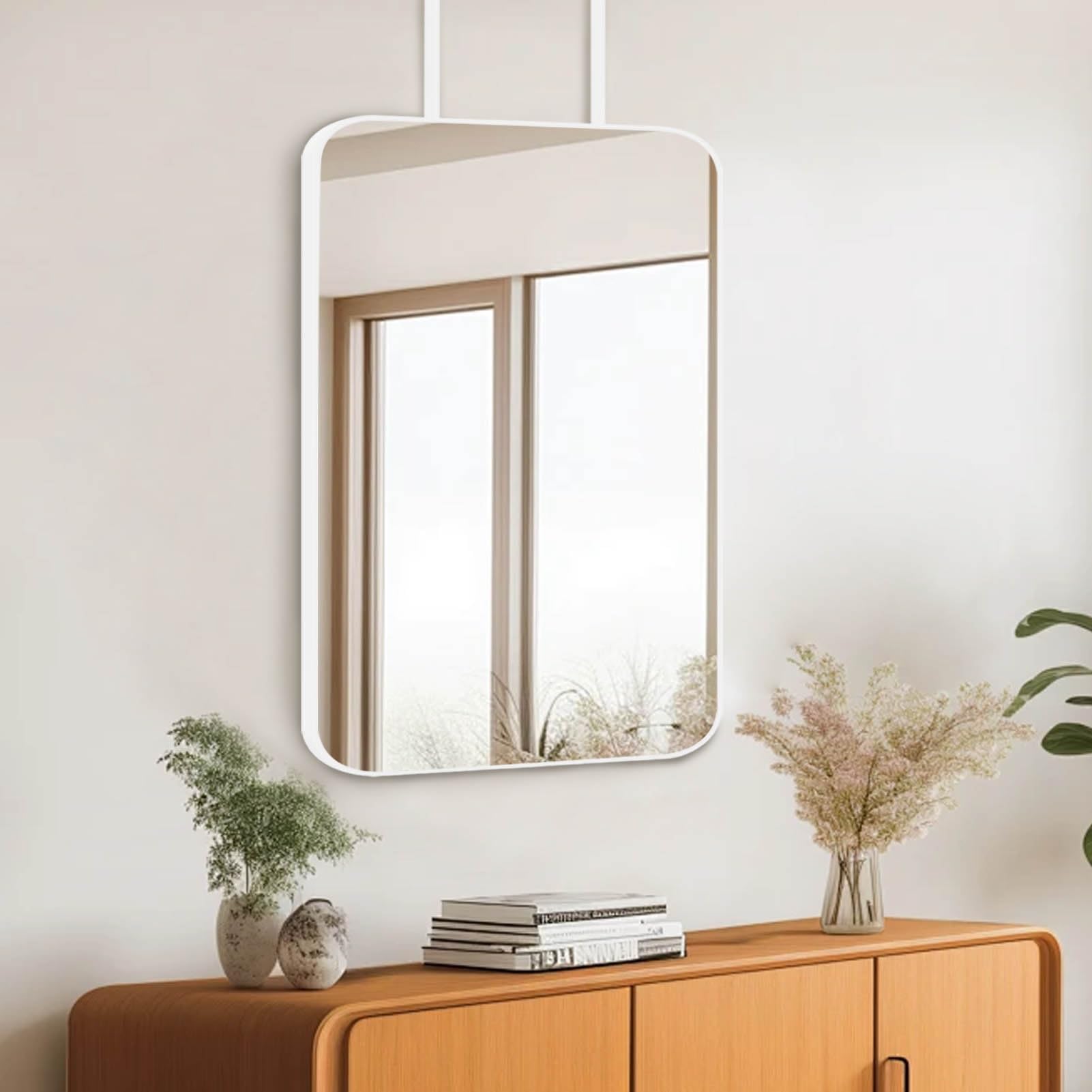 ITOSUI Modern White Rectangular Mirrors with Metal Frame and Boom Hanging Wall Mirror for Entryway Bathroom Vanity Ceiling Mounted Mirror(50cmx60cm)