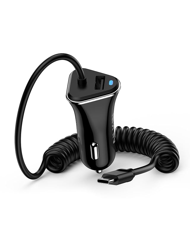 Carregador veicular AILKIN USB-C com cabo espiral integrado de 91,4 cm, carregamento duplo, preto