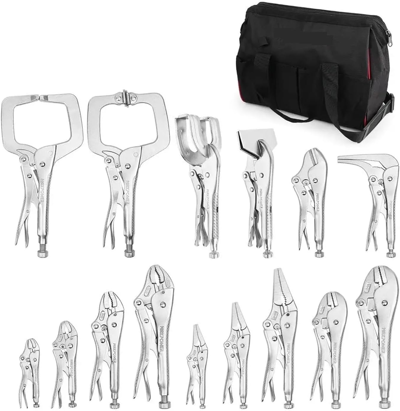 Tube Expander, 15-Piece Clamp Pliers Set with Tool Bag Long Nose Curved J Straight J Pinch Off Sheet Metal U-Shaped Gripping Locking Clamps