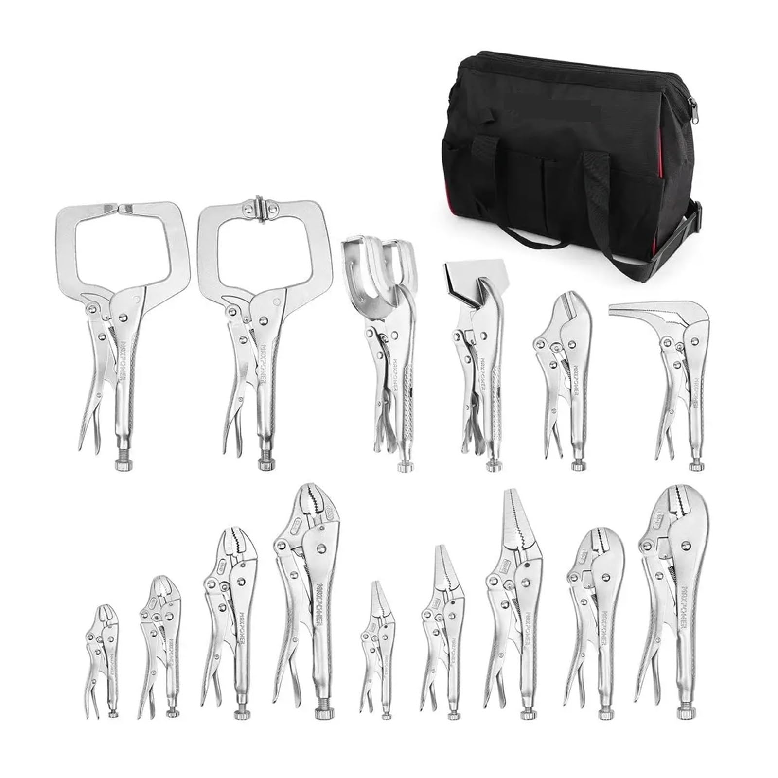 Set di pinze a morsetto da 15 pezzi con borsa portautensili, becchi lunghi, ganasce curve, ganasce dritte, pinze di bloccaggio a forma di U for lamiere Utensili Idraulici