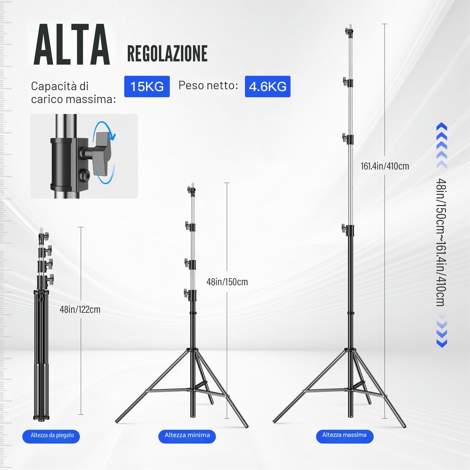 Soonpho 410cm Pro Stativo Fotografico Supporto Resistente per Luce Light Stand Treppiede per lampada Pro Spring, 410 cm, in alluminio, 4,1 m, altezza massima 15 kg