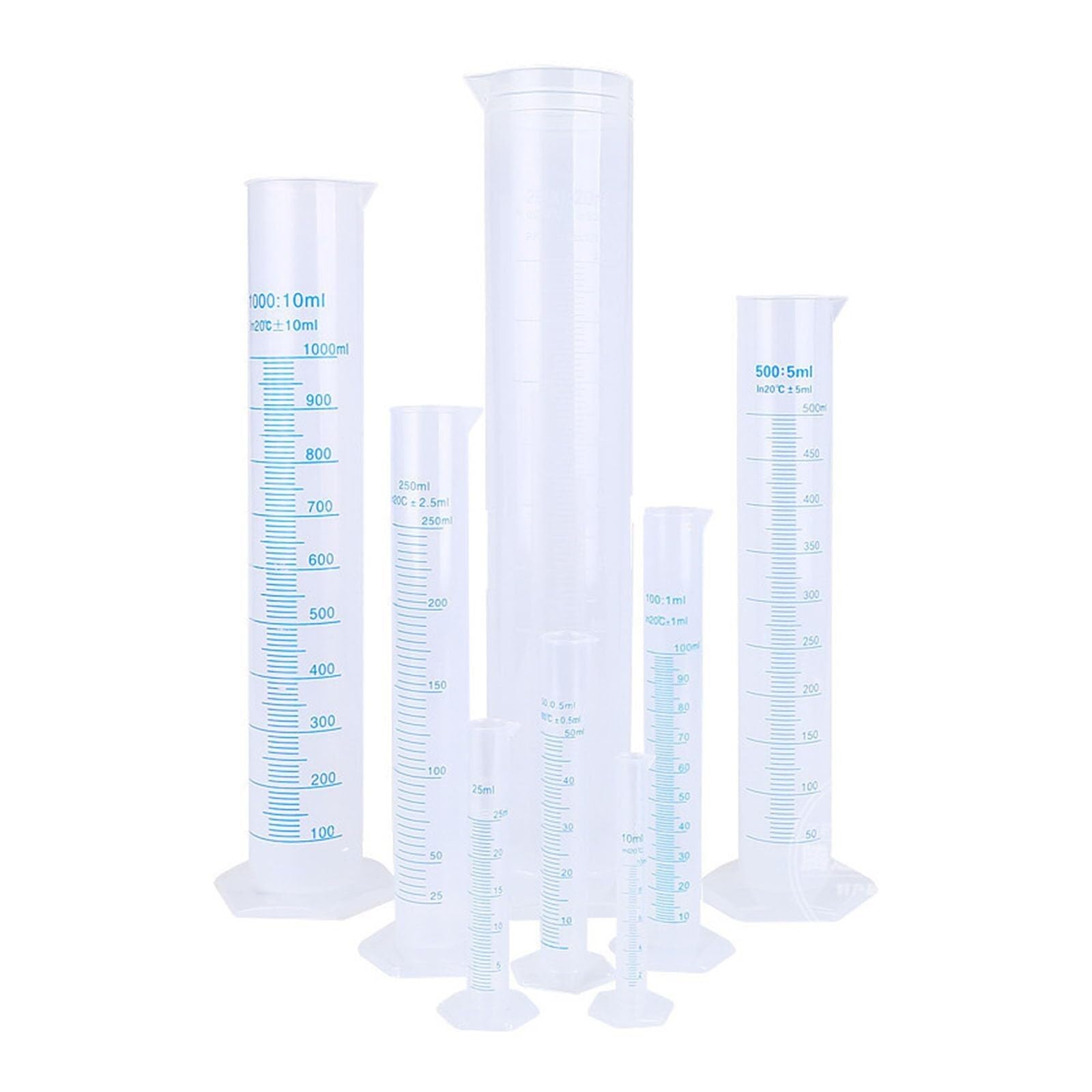Set di Cilindri Graduati in Plastica - 8 Pezzi 8-2000ml con Base Esagonale, Lettura e Versamento Facili per Esperimenti Scientifici