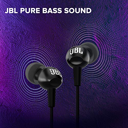JBL C100SI Wired In Ear Headphones With Mic, Pure Bass Sound, One Button Multi-Function Remote, Premium Metallic Finish, Angled Buds For Comfort Fit (Black) view 2