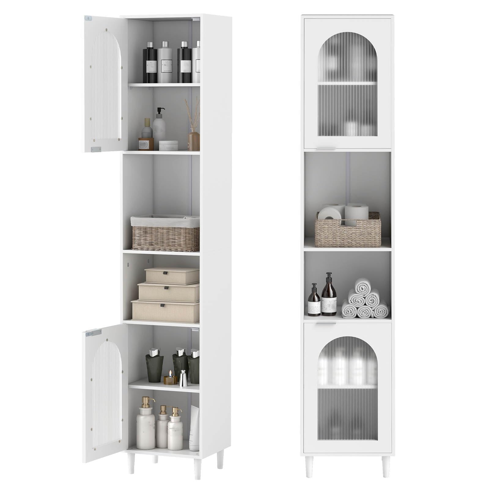 GIANTEX Meuble Colonne Salle de Bain, Armoire Étroit Autoportante 180 cm avec Étagères Réglables, Compartiments Ouverts, Portes en Verre Trempé, Meuble de Rangement pour Salon, Cuisine, Blanc