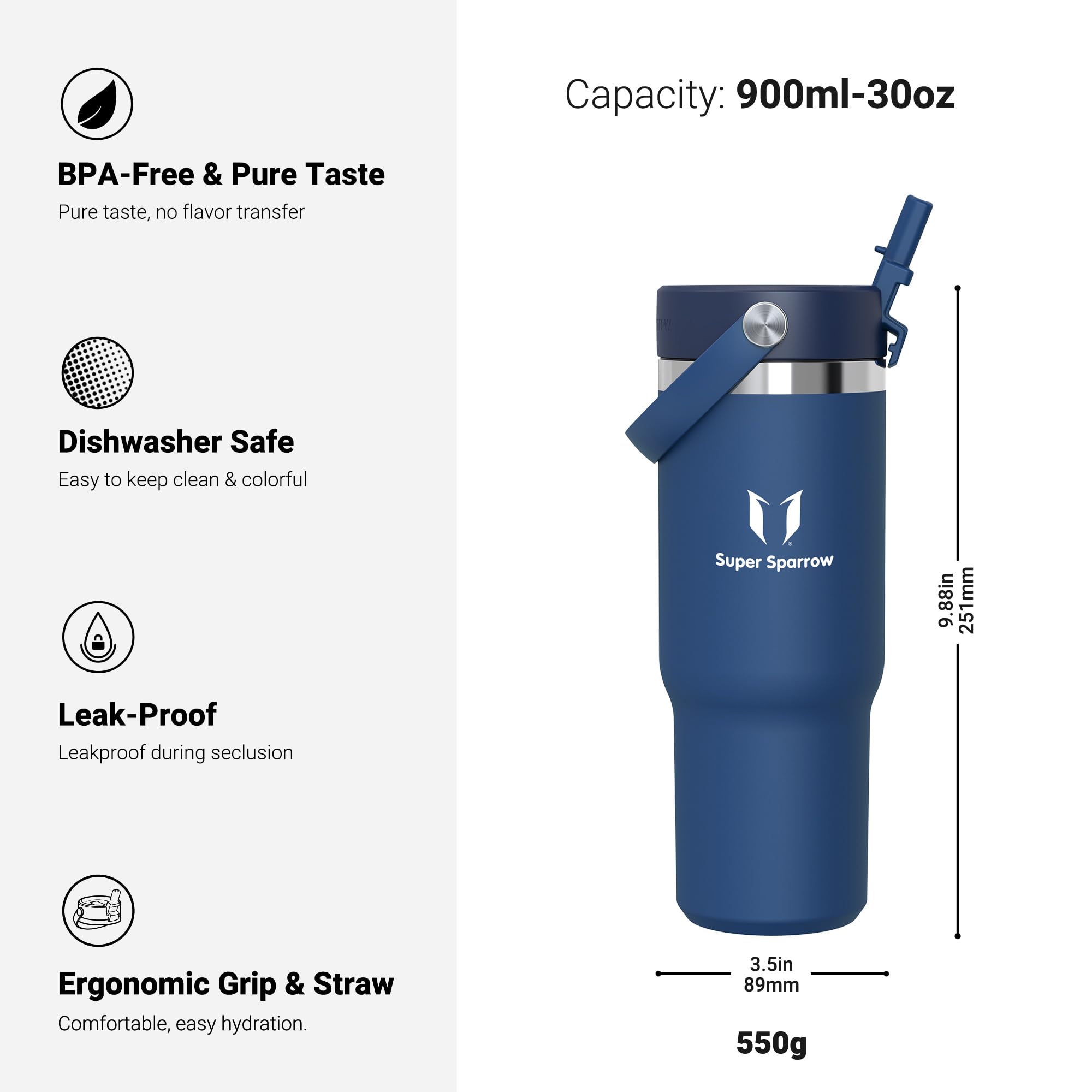 Sparrow Borraccia Termica 900ml - Twistpath Borracce con Tappo Flex con Cannuccia - Senza BPA & Perdite Bottiglia Acqua - Inox Borracce Termiche Per Portabevande - Ideale Per Casa, Ufficio O Auto