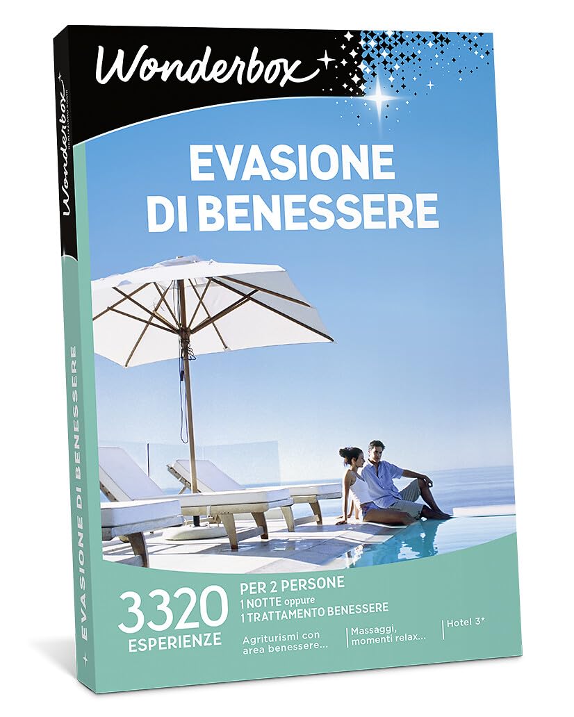WONDERBOX - Cofanetto Regalo - Evasione di Benessere - 2500 Esperienze - 1 Notte + Colazione in Strutture con Piscina, Spa - Idee Regalo Donna o di Coppia - Natale