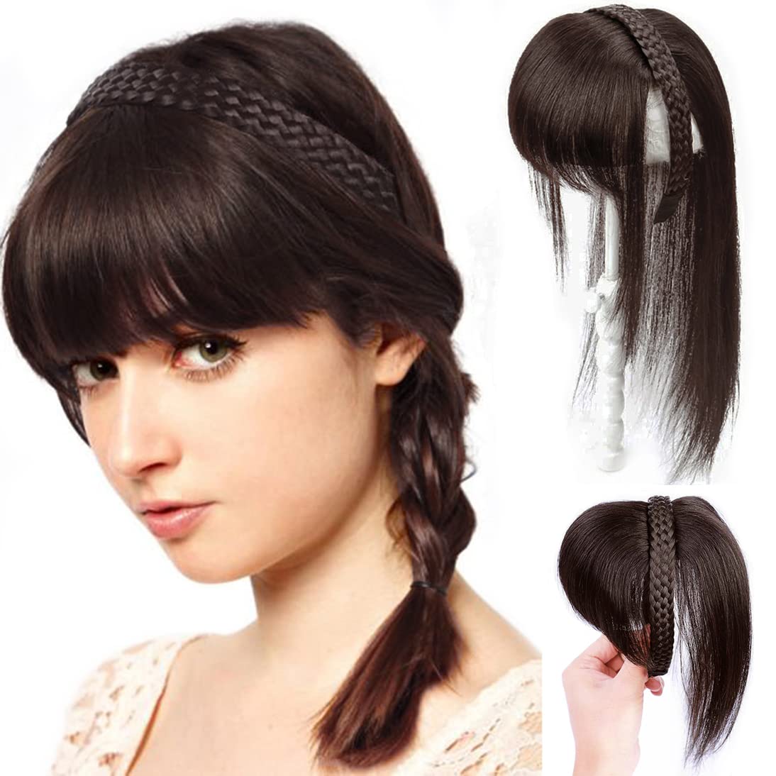 ICRAB Remy Human Hair Topper with Neat Bangs for Wommen 10x10cm Breathable Lace Net Base Braided Headband Hairpiece Topper Hair Extensions Long Hairband Braids Top Hair Piece(40cm Dark Brown)