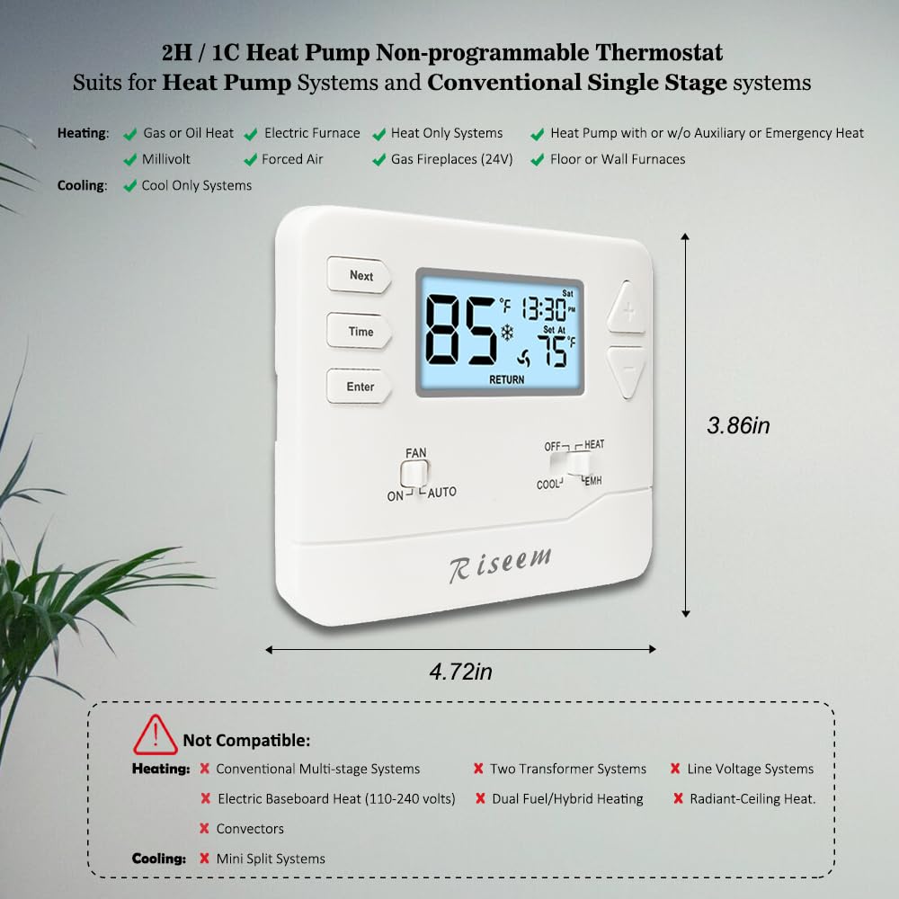Termostato non programmabile, 2 pompa di calore/1 di raffreddamento o 1 sistema convenzionale di riscaldamento/1, retroilluminazione bianca