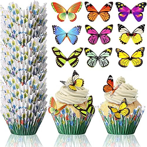 100 Pieces Butterfly Cupcake Liners Petal Baking Cups 100 Pieces Butterfly Cupcake Toppers for Baby Showers, Bakeries, Birthday Wedding Party Anniversary Celebration (Grass Pattern)