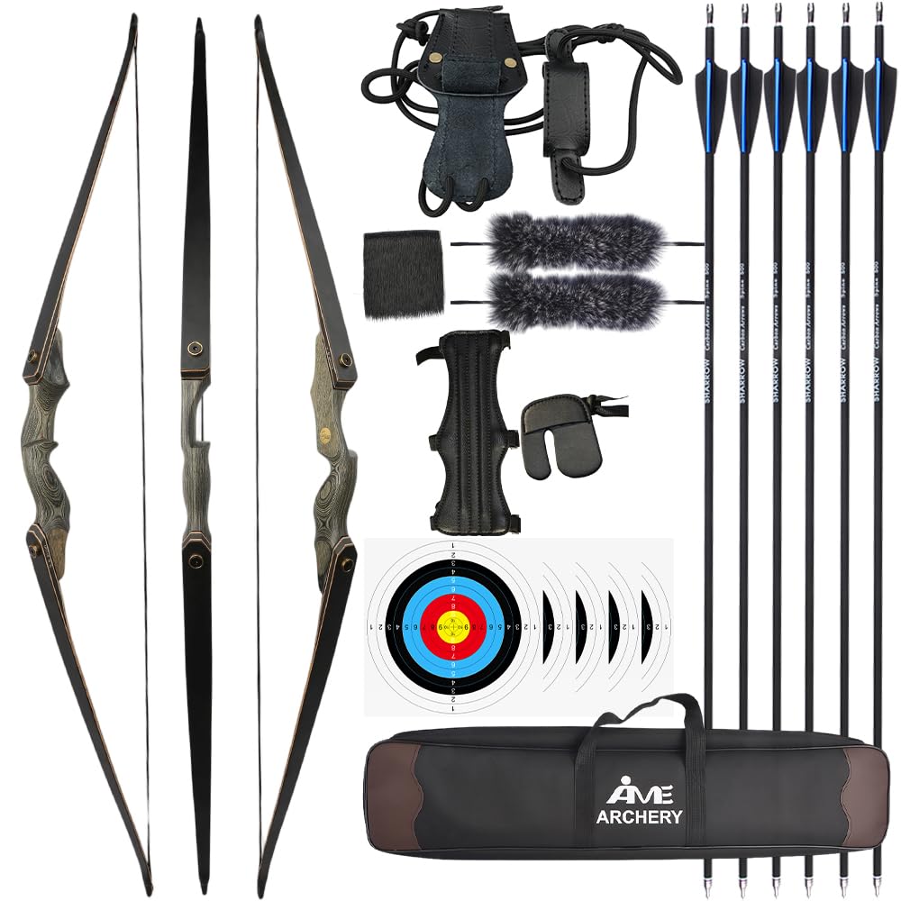 Set Arco Ricurvo Smontabile da 60 Pollici con Accessori Completi, Peso di Trazione 25/30/35/40/45/50 lbs, Ideale per Caccia Outdoor ed Esercitazioni di Tiro Bersaglio