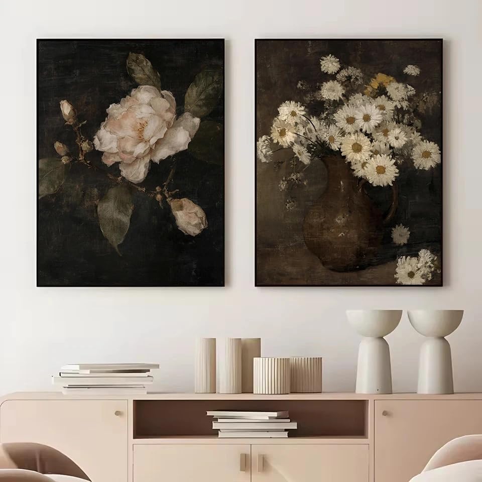 LTjiajuypd Quadro su tela con natura morta botanica classica, fiori selvatici, pizzo rustico, rosa, stile nordico (70x100 cm - 2 pezzi)