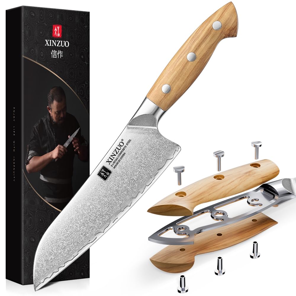 XINZUO 18,5cm Cuchillo Santoku Profesional Acero Compuesto Cuchillo de Cocinero de Cocina Acero Inoxidable de Alto Carbono -para Carne, Verduras, Pescado y Fruta -Mango Ergonómico de Madera de Olivo
